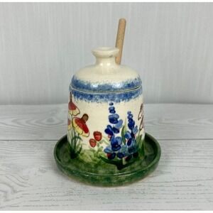 Handcrafted Ceramic Honey Pot Botanical Design Lid & Dipper Artist signed MDE‎